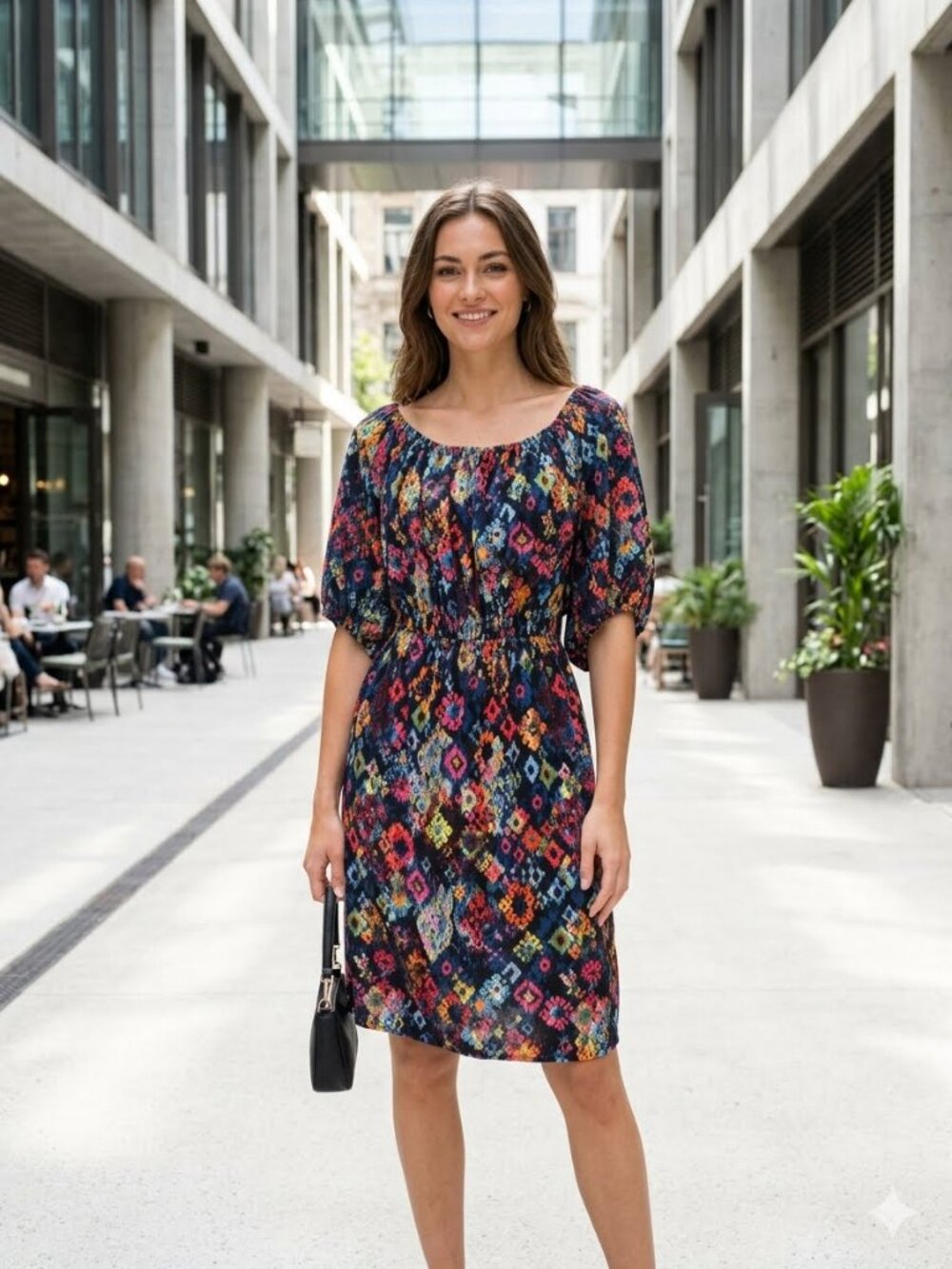 Terra & Sky Women's 3X Multicolor Geo Print Puff Sleeve Cut Out Tie Back Dress